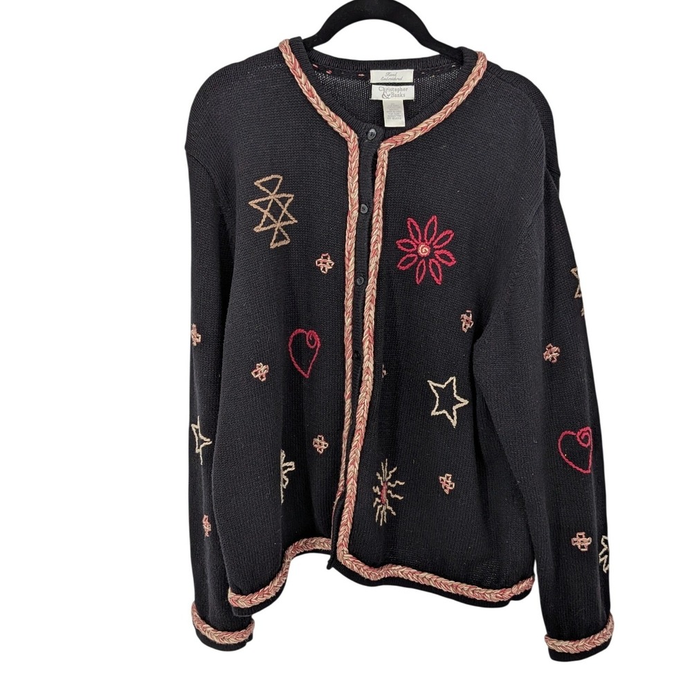 Christopher & Banks Cardigan Women XL Black Hand Embroidered Celestial Hearts